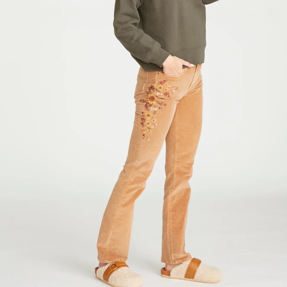 Driftwood Kelly Embroidered Bootcut Cord Pants in Falling Sunflower